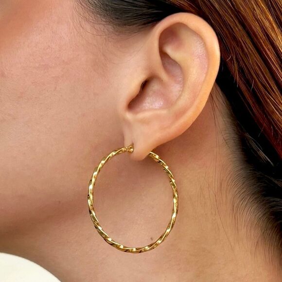 Fashion Bohemian Style 18K Gold Plated Twisted Oil Drop Thin Big Hoop Earrings - Picture 3 of 13